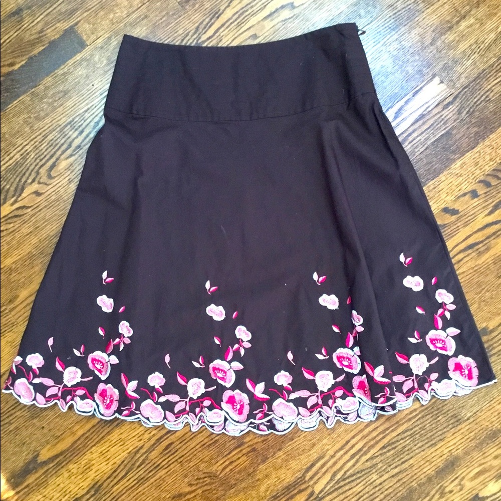 Brown with Pink Cotton Floral Embroidery Skirt